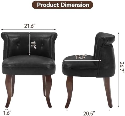 WUTUTUEE Leather Vanity Chair with Back, Tufted Upholstered Vanity Stool with Solid Wood Legs, Mid Century Small Makeup Chair for Vanity, Accent Chair for Bedroom, Living Room, Black