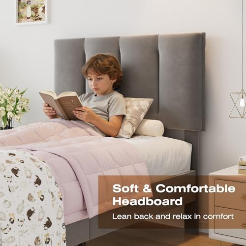 VECELO Twin Size Bed Frame with Upholstered Headboard, Dark Grey
