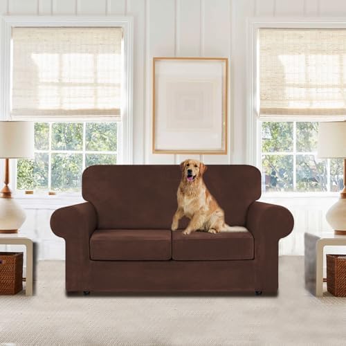 WEERRW Velvet Stretch 3 Pieces Couch Cover for Sofa Washable, Chocolate