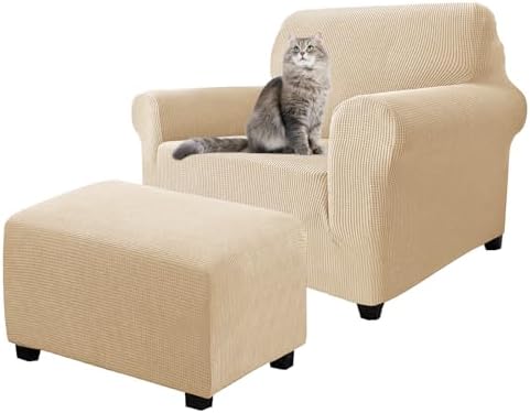 2 Piece Stretch Chair and Ottoman Cover Set, Jacquard Accent Armchair and Foot Stool Slip Cover, Non-Slip Slipcover for Chair with Footrest (Beige,2 Pieces Set)