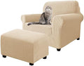 2 Piece Stretch Chair and Ottoman Cover Set, Jacquard Accent Armchair and Foot Stool Slip Cover, Non-Slip Slipcover for Chair with Footrest (Beige,2 Pieces Set)