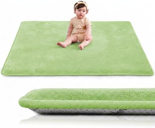 Huloo Sleep Baby Play Mat for Floor,1.3" Thick Elasti-Foam 50"×50" Playpen Mat for Tummy Time,Water Repellent Soft Coral Velvet for Toddler,Infant,Kids,Non-Slip Backing Safe for Crawling(Light Green)