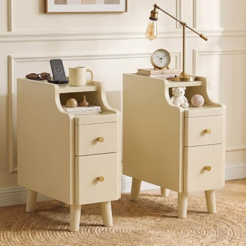 Nightstand with Drawers Set 2, Pre-Assembled, 19.7" H Natural Solid Wood Night Stand with Open Sliding Shelf, Mid Century Modern Small Bedside Table Cabinet for Bedroom, Cream 8"