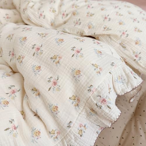 Cotton Floral Duvet Cover Queen with Ruffles,Azalea Print,No Pillow