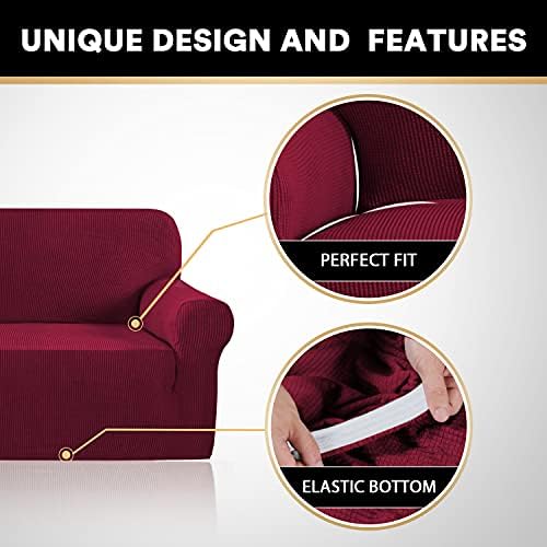 PrinceDeco Stretch Loveseat Sofa Cover Slipcover Couch Cover for 2 Cushion Sofa Washable Sofa Cover for Pets Friendly Furniture Protector Covers with Non Slip Bottom(Loveseat, Burgundy Red)