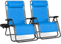 Best Choice Products Set of 2 Extra Wide Adjustable Steel Mesh Zero Gravity Lounge Chair Recliners w/Pillows and Cup Holder Trays - Light Blue