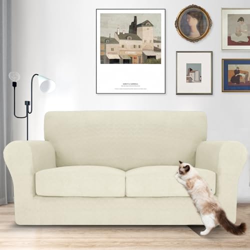 MAXIJIN 3 Piece Couch Covers for 2 Cushion Couch loveseat Cover, Stretch Love Seat Sofa Slipcovers for Dogs Pet, Thick Furniture Protector with 2 Seat Cushion (55"-69", Beige)