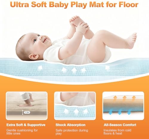 Ultra Soft Baby Play Mat for Floor, 59"×71" Playpen Mat, 1.3" Thick Memory Foam, Non-Slip Tummy Time Mat for Infants, Toddlers, and Kids – Water-Repellent Coral Velvet, Easy Care