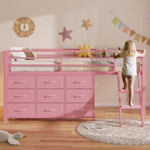 Low Loft Bed Twin Size with 9 Storage Drawers, LED Lights Loft Bed