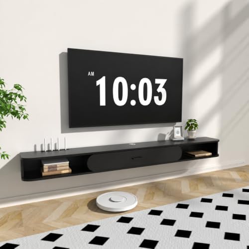 GHC Floating TV Stand, 75'' Wall Mounted TV Cabinet, Floating Shelves with Door, Media Console for DVD Player, Space-Saving Under TV Shelf for Bedroom & Living Room (Black)