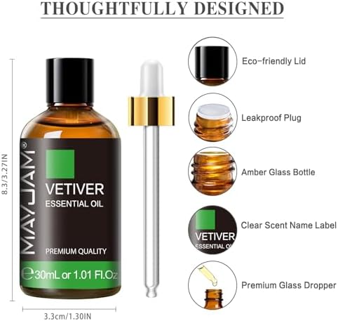 MAYJAM Vetiver Essential Oil for Diffuser Soap Candle Making, 1.01fl.oz