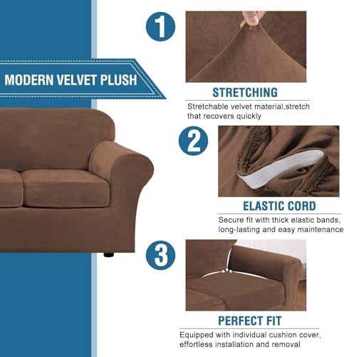 H.VERSAILTEX Real Velvet Plush 3 Piece Stretch Sofa Covers Couch Covers for 2 Cushion Couch Sofa Slipcovers Width Up to 90 Inch Thick Soft Stay in Place (Large Sofa, Caramel Cafe)