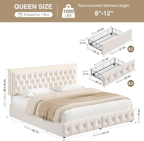 Keyluv Queen Size LED Bed Frame with 4 Storage Drawers and Adjustable Headboard, Velvet Upholstered Button Tufted Modern Platform Bed, Solid Wooden Slats Support, Easy Assembly, Beige