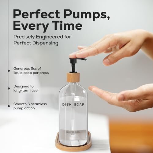 Clear Glass Dish Soap Dispenser by Brighter Barns - Kitchen Sink Set With Bamboo Tray - Modern Decor and Accessories, Minimalist Neutral Home (Clear)