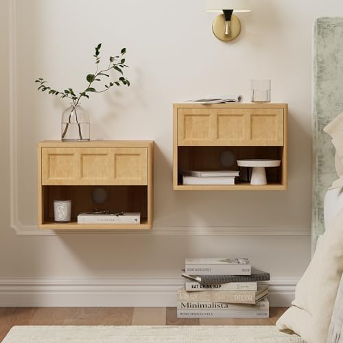 EYYTHUNG Floating Nightstand Set of 2, Wall Mounted Bedside Table with Storage Drawer and Open Shelf, Night Stand with Curved Corners for Living Room, Bedroom, Dorm, Natural Oak
