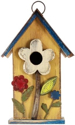 Glitzhome Bird Houses for Outside, 10.2" H Hanging Bird House for Outdoor Patio Garden Decorative Birdhouse Pet Cottage Distressed Wooden Birdhouse for Swallow Sparrow Finch Cardinals, Yellow Flower