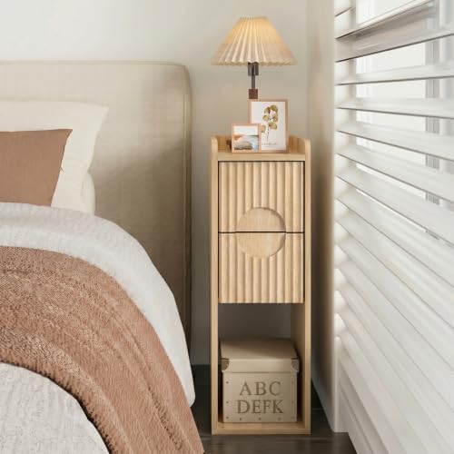 Narrow Fluted Nightstand Set of 2, Small 2 Drawer Nightstand, Wood Slim Bedside Table, Vintage End Table, Mid Century Modern Night Stand for Living Room, Bedroom, Wooden, Natural