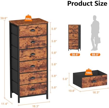 Furnulem Dresser for Bedroom, 6 Bins Tall Fabric Storage Drawers
