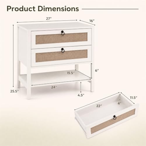 GIANTEX Rattan Nightstand Set 2 with 2 Drawers, 27" Wide Boho Bedside Table