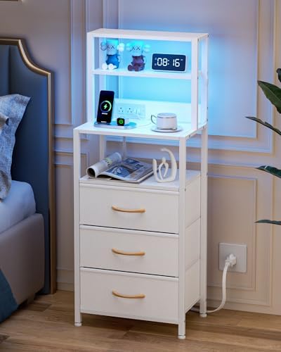 Furnulem Tall Night Stand, White Bedside Nightstand with Charger Station