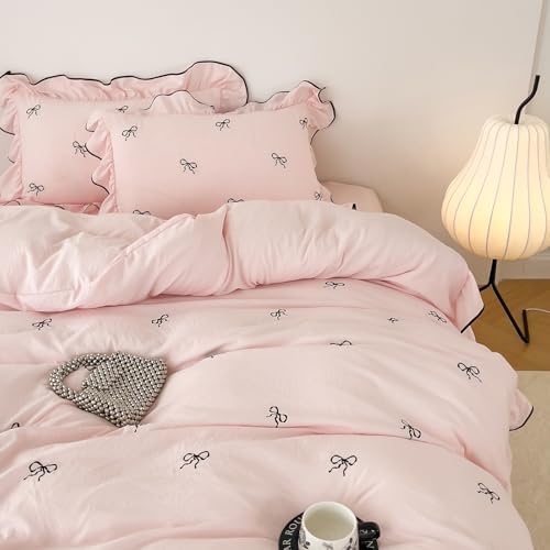 Bow Twin Bed Duvet Cover Pink Embroidered Twin Comforter Cover Ruffle Boho Washed Brushed Microfiber Farmhouse Duvet Cover Set with 2 Pillow Cases Zipper Bedding Set Coquette Duvet Protector