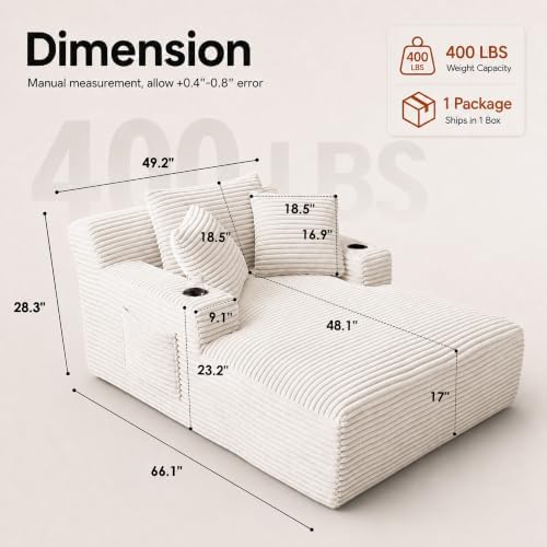 66" Chaise Lounge Chair Indoor, Corduroy Upholstered Reading Chair Oversized Boneless Chair with Deep Seat, Cloud Lounge Chair with 3 Pillows for Living Room, Bedroom, No Assembly Required