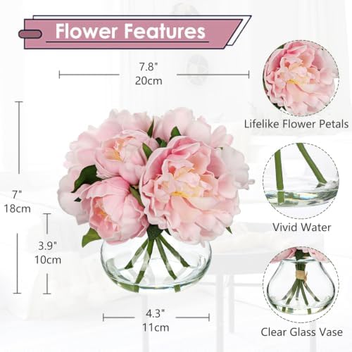 Hollyone Pink Peonies Artificial Flowers with Glass Vase Medium 7.8inch Faux Peonies Look Real Peony Fake Flowers Silk Flower Arrangements with Faux Water for Wedding Table Centerpiece Home Decor