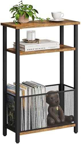 MMEOLUOOK Narrow Side Table with Storage Basket Skinny End Tables for Smalls Spaces 3 Tier Sofa Table Small Nightstand Slim Bedside Table for Living Room Bedroom Rustic Brown MLBZ22RB
