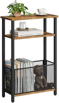 MMEOLUOOK Narrow Side Table with Storage Basket Skinny End Tables for Smalls Spaces 3 Tier Sofa Table Small Nightstand Slim Bedside Table for Living Room Bedroom Rustic Brown MLBZ22RB