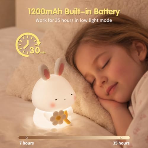 Bunny Night Light for Kids, 16-Color Silicone Animal Lamp Cute