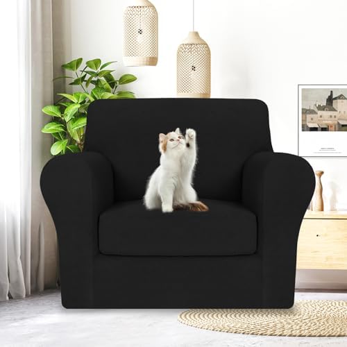 MAXIJIN 2 Piece Chair Covers Chair Slipcover with Arms, Sofa Chair Cover for Living Room Armchair Cover, Stretch Pet Dog Slip Cover for A Chair with 1 Cushion (31"-46", Black)
