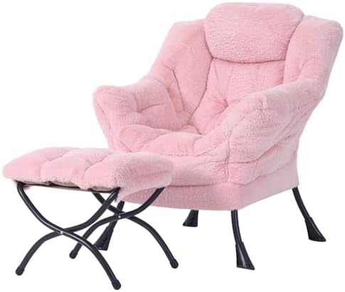Welnow Lazy Chair with Ottoman, Reading Chair with Footrest, Soft Pink