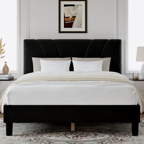 Novilla Full Size Bed Frame with Headboard, Full Bed Frame with Wooden Slats Support, Velvet Upholstered Headboard, No Box Spring Needed, Heavy Duty Feet, Easy Assembly, Black Velvet