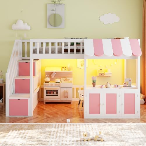 LUMISOL Twin Size Loft Bed with Storage Steps and Under Bed Cabinets, Playhouse Loft Bed Frame with LED Light, White+Pink