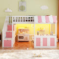 LUMISOL Twin Size Loft Bed with Storage Steps and Under Bed Cabinets, Playhouse Loft Bed Frame with LED Light, White+Pink