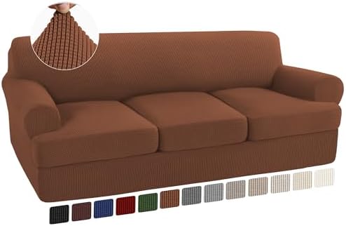 Turquoize 4 Piece T Cushion Sofa Slipcovers Stretch Couch Cover Furniture Covers with 3 Individual T Cushion Covers, Machine Washable (3 Cushion Sofa, Caramel)