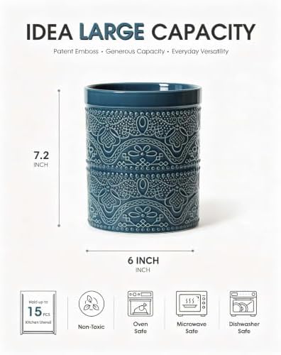 FUN ELEMENTS Kitchen Utensil Holder, 7.2" Super Large Utensil Crock Heavy and Stable Lace Emboss Ceramic Utensil Holder for Kitchen Counter (Grayish Blue)