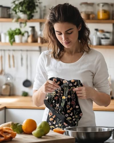 Miss Adola Cute Kitchen Towels Set of 2, 18 x 26 Inch, Black Flower