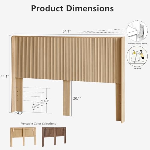 FORTUNETEC 64.1" Queen Size Wood Headboard, Fluted Panel Headboard,Oak