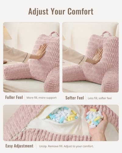 Blissful Diary Reading Pillow, Large Backrest Pillow with Shredded Memory Foam for Adult & Children, Designed for Bed and Couch Sitting Up, Includes Arms, Pockets and Washable Cover, Pale Pink