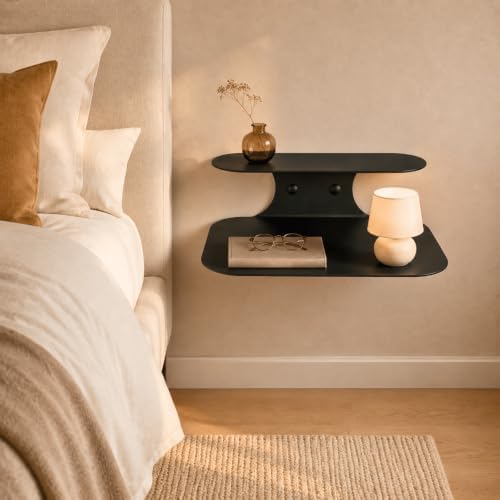 Black Metal Floating Nightstand – Wall Mounted Bedside Shelf for Bedroom, Minimalist Modern Floating Shelf, Powder-Coated Steel Wall Rack (Set of 2 Large - 19.3")