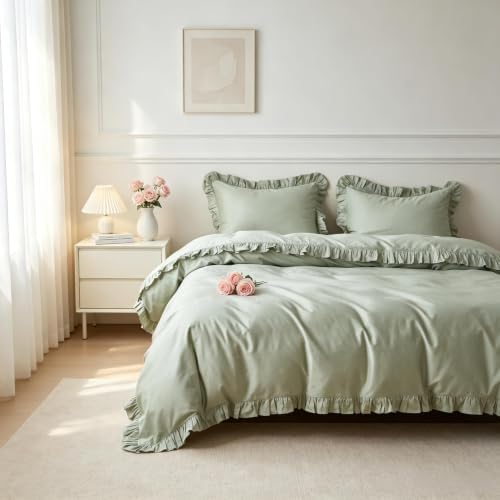 Simple&Opulence Kids 100% Organic Cotton Duvet Cover with Ruffle 104 x 92-3 PCS High End Floral Frill Lace Bedding, Romantic Cottagecore Style Comforter Cover with 2 Pillowcases, Sage Green, King