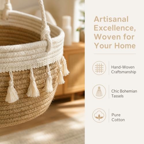 Over the Door Organizer, 3-Tier Cotton Rope Hanging Storage Basket