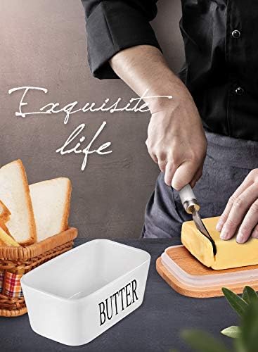 Ceramic Butter Dish with Lid and Knife & Silicone Seal 200ml 2 Pack White