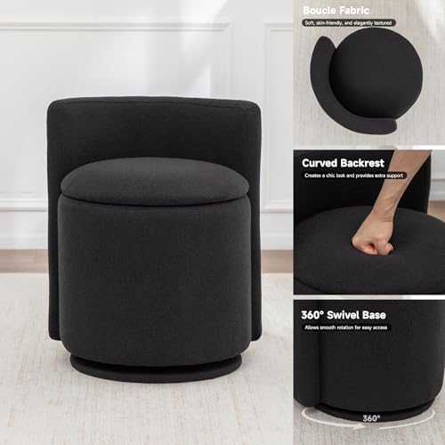 MINCETA Vanity Chair with Storage, 360° Swivel Accent Chair, Black