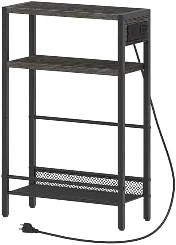 HOOBRO Small Narrow Side Table with Charging Station, Skinny End Table for Small Spaces, Slim Nightstand with USB Ports Outlet, Sofa Beside Table with Storage Shelf, Charcoal Black BC102UBZ01