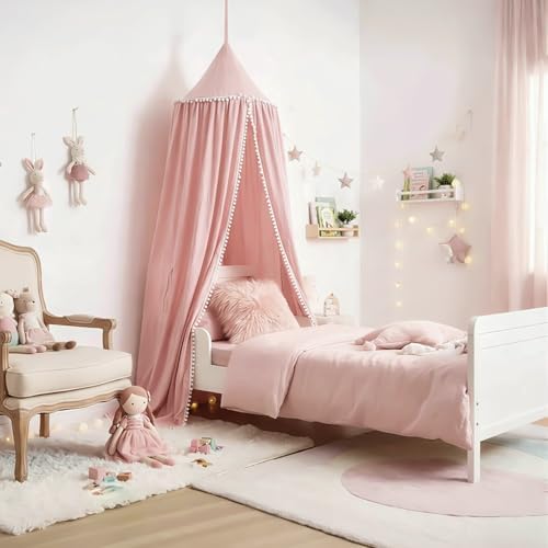 LOAOL Bed Canopy with Pom Pom Kids Reading Nook Hanging Tent (Pink)