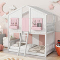 Twin Over Twin House Bunk Bed with Roof and Window, Pink White