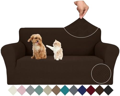 JIVINER Stretch Loveseat Slipcovers 1 Piece Love Seat Sofa Cover Spandex 2 Seater Couch Covers Universal Furniture Protector with Elastic Bottom (Medium, Coffee Rhomb)