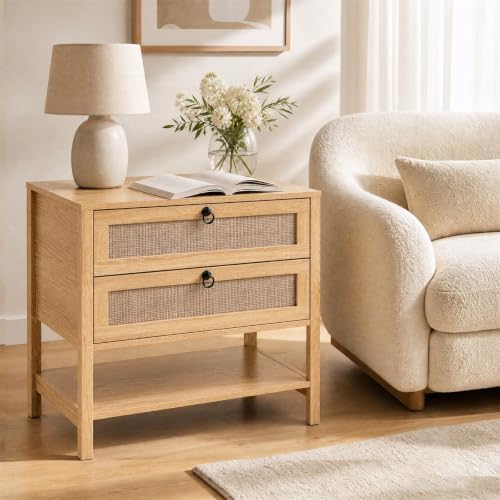 GIANTEX Rattan Nightstand Set 2 with 2 Drawers, 27" Wide Boho Bedside Table